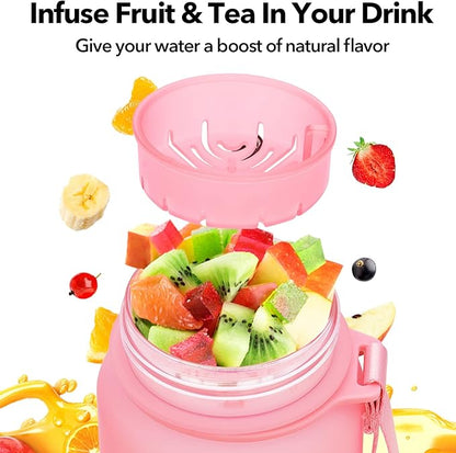 32oz Motivational Water Bottle with Time Marker & Fruit Strainer, Leak-proof BPA Free Non-Toxic Bottle with Carrying Strap, Perfect for Fitness, Gym and Outdoor Sports