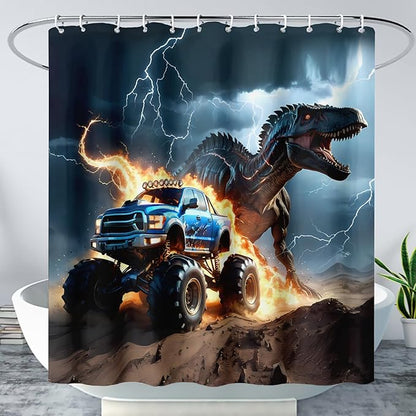 AILONEN Boys Dinosaur Shower Curtain, Monster Truck Bath Curtain,Lightning Roaring Dinosaur Kids Shower Curtain,Waterproof Curtain Bathroom 72" W*84" H Decor with 12 Plastic Hooks