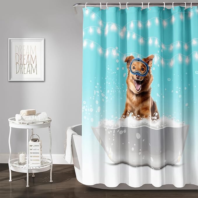 AILONEN 3D Bathtub Dog Shower Curtain for Kids 72" W*96" H Inch,Kawaii Diving Dog Sitting in a Bathtub Shower Curtain,12 Pack Hooks Polyester Waterproof Fabric Decor for Bathroom Bathtub Panels