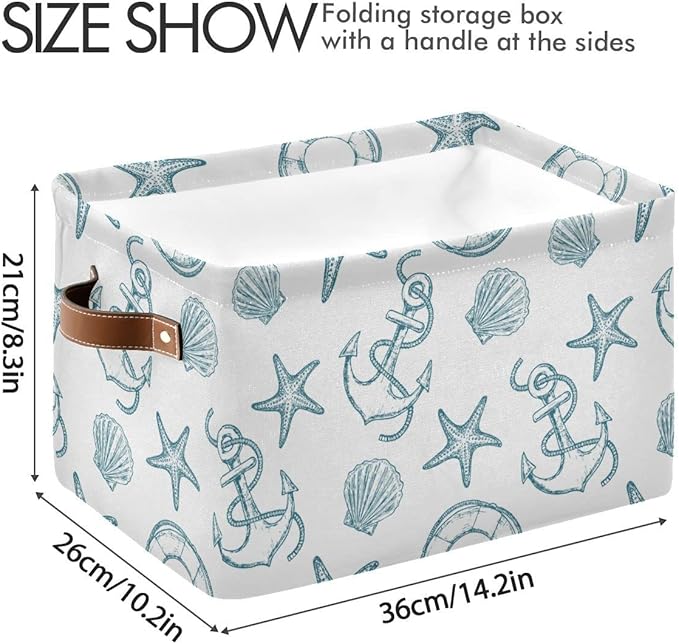 Coastal Anchor Nautical Theme Storage Basket Fabric Laundry Baskets Starfish Summer Beach Storage Boxes Organizer Bag for Baby Cloth Dog Toy Book Storage Cubes Shelf Closet Bins 16x12x8 Inches