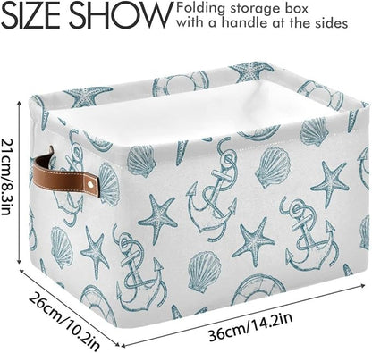 Coastal Anchor Nautical Theme Storage Basket Fabric Laundry Baskets Starfish Summer Beach Storage Boxes Organizer Bag for Baby Cloth Dog Toy Book Storage Cubes Shelf Closet Bins 16x12x8 Inches