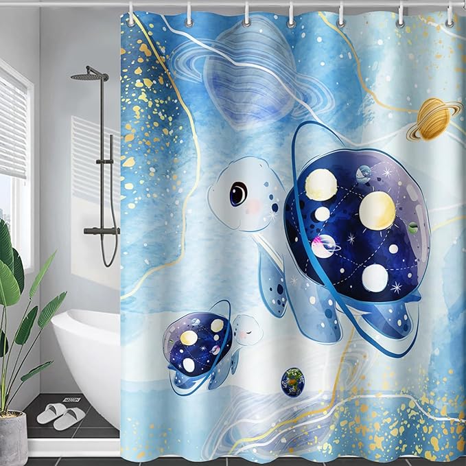 AILONEN Sea Turtle Shower Curtain,Blue Space Planet Turtle Bath Curtain,Watercolor Ocean Turtle Shower Curtain Waterproof for Bathroom Decor with 12 Plastic Hooks, 72" W*84" H