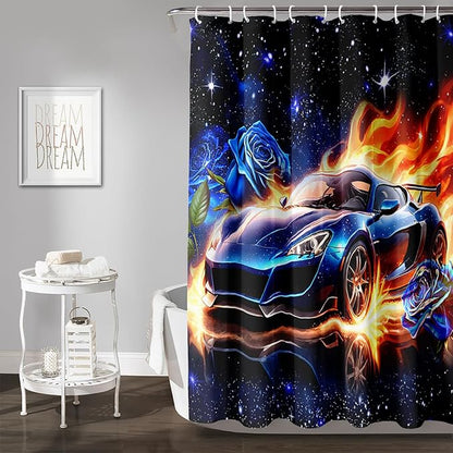 AILONEN Racing Car Shower Curtain for Bathroom, Blue Galaxy Starry Sports Cat Bath Curtain,Speed Car Shower Curtain for Kids Teen,Waterproof Curtain Bathroom 48" W*72" H Decor with 12 Plastic Hooks
