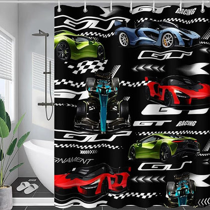 AILONEN Boys Racing Car Shower Curtain,Extreme Sports Car Bath Curtain for Kids Teen,Cool Speed Car Racer Waterproof Black Curtain for Bathroom Decor, 72" W x 96" H