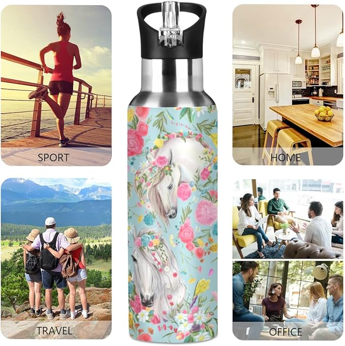 MNSRUU Insulated Water Bottle with Straw, Rainbow and Unicorns Stainless Steel Flasks for Sports Cycling Hiking School