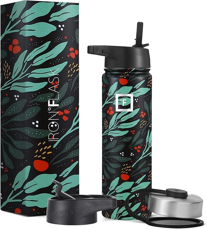 IRON °FLASK Sports Water Bottle - Wide Mouth with 3 Straw Lids - Stainless Steel Gym & Outdoor Bottles for Men, Women & Kids - Double Walled, Insulated Thermos, Metal Canteen - Lush Leaf, 22 Oz