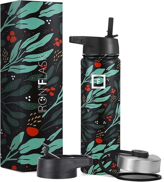 IRON °FLASK Sports Water Bottle - Wide Mouth with 3 Straw Lids - Stainless Steel Gym & Outdoor Bottles for Men, Women & Kids - Double Walled, Insulated Thermos, Metal Canteen - Lush Leaf, 22 Oz