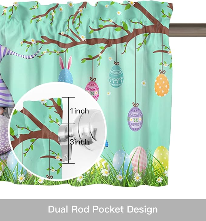 Easter Day Valances Kitchen Curtains for Windows, Easter Gnomes Bunny Tails Eggs Tree Rod Pocket Valances Green Spring Decorations Short Curtains for Bedroom/Living Room,54" X 18" -1 Panel