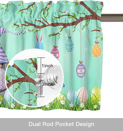 Easter Day Valances Kitchen Curtains for Windows, Easter Gnomes Bunny Tails Eggs Tree Rod Pocket Valances Green Spring Decorations Short Curtains for Bedroom/Living Room,54" X 18" -1 Panel