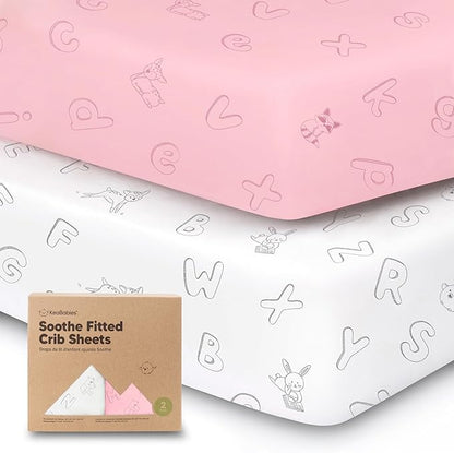 2-Pack Organic Crib Sheets for Boys, Girls - Jersey Fitted Crib Sheet, Baby Crib Sheets Neutral, Crib Mattress Sheet, Cotton Crib Sheets, Breathable Crib Sheet, Baby Mattress Sheets (ABC Land Rose)