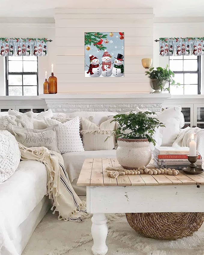 Christmas Kitchen Curtains Valances for Windows Snowman Cardinal Rod Pocket Window Treatment for Kitchen/Living Room/Bedroom/Bathroom,42" X 12" -1 Panel, Bluish Grey Winter Holiday