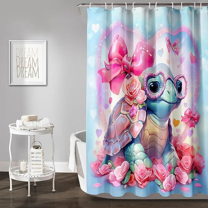 AILONEN Cute Sea Turtle Shower Curtain for Bathroom,Kawaii Turtle Pink Flower Print Bath Curtain 72" W*72" H,Girls Women Modern Decorative Waterproof Curtain with 12 Plastic Hooks