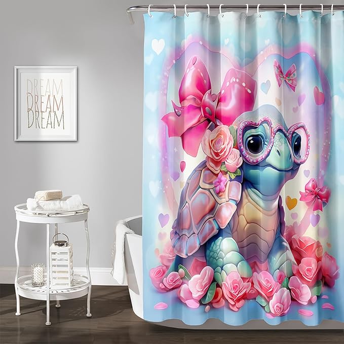 AILONEN Cute Sea Turtle Shower Curtain for Bathroom,Kawaii Turtle Pink Flower Print Bath Curtain 72" W*84" H,Girls Women Modern Decorative Waterproof Curtain with 12 Plastic Hooks