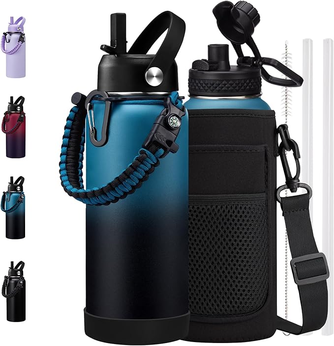 32oz Water Bottle with Straw - Spout Lid, Sweat-Proof Insulated Water Bottles 32 OZ, Wide Mouth Vacuum Insulated Water Bottle with Strap Carrier, Protective Boot & Paracord Handle Reusable Metal Flask