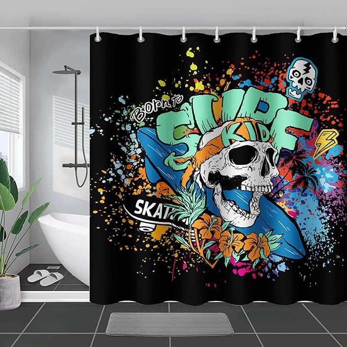AILONEN Surf Skull Shower Curtain for Bathroom,Colorful Graffiti Flower Art Bathroom Curtain for Kids Boys Girls,Bath Curtain 60" W*72" H Polyester Waterproof Bathroom Curtain with 12 Hooks