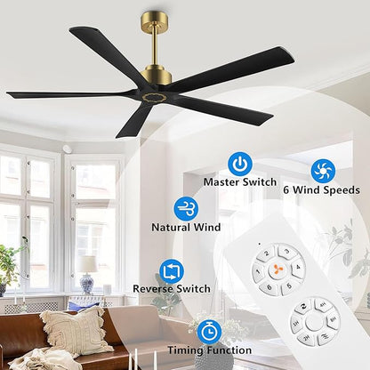 60 Inch Modern Ceiling Fan without Light, 5 Solid Wood Blades 6-Speed Noiseless Reversible DC Motor, Ceiling Fan with Remote Control for Bedroom Living Room, Gold Finish with Black Blades
