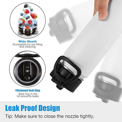 Volhoply 24oz Insulated Water Bottle With Straw Bulk 3 Pack,Metal Wide Mouth Water Bottles With Handle Lid Keep Cold,Reusable Double Wall Thermos,Powder Coated Sport Bottle For Holder(White,3 Count)