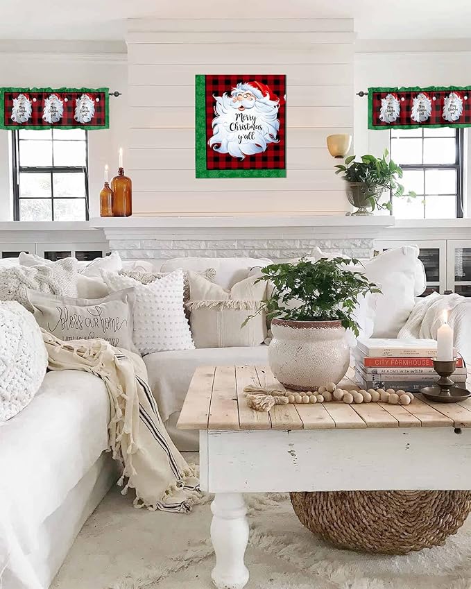 Merry Christmas Y'all Kitchen Curtains Valances for Windows Xmas Santa Claus Rod Pocket Window Treatment for Kitchen/Living Room/Bedroom/Bathroom,42" X 18" -1 Panel, Red Buffalo Plaid