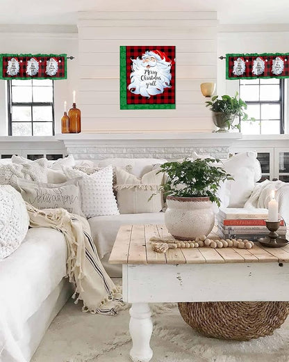 Merry Christmas Y'all Kitchen Curtains Valances for Windows XMAS Santa Claus Rod Pocket Window Treatment for Kitchen/Living Room/Bedroom/Bathroom,60" X 18" -1 Panel, Red Buffalo Plaid