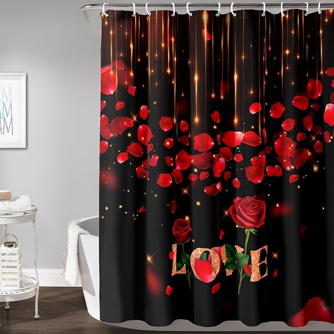 AILONEN Red Rose Flower Shower Curtain,Red and Black Shower Curtain,Romantic Flower Couple Lover Bath Curtain,Rose Themed Bathroom Decor,Waterproof 36" W x 72" H