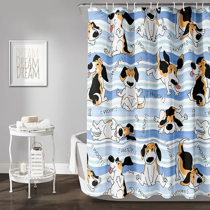 AILONEN Cartoon Dog Shower Curtain,Funny Beagle Active Dog Printed Shower Curtain, 36" W*72" H Waterproof Happy Cartoon Pet Dog Curtain with Grommets and 12 Hooks