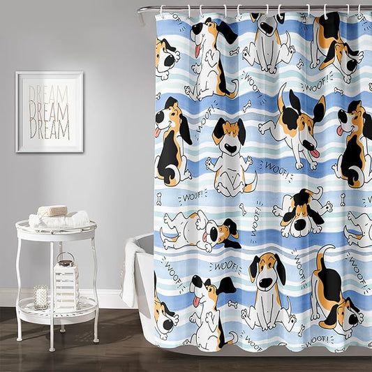 AILONEN Cartoon Dog Shower Curtain,Funny Beagle Active Dog Printed Shower Curtain, 72" W*72" H Waterproof Happy Cartoon Pet Dog Curtain with Grommets and 12 Hooks
