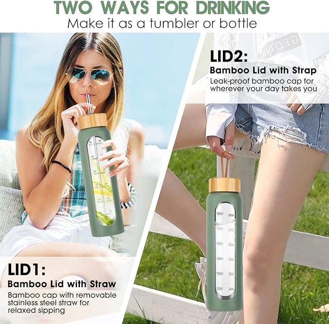 32 oz Glass Water Bottles with Straw - Motivational Bottle with Time Marker & Silicone Sleeve - Reusable Tumbler Includes 2 Bamboo Lids & Fruit Infuser - 1 Pack