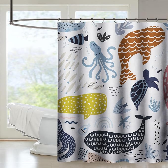 AILONEN Cartoon Dolphin Shower Curtain for Kids 36" W*72" H Inch,Colorful Whales Octopuses Pattern Shower Curtain,Marine Life Theme 12 Pack Hooks Polyester Waterproof Fabric Decor for Bathroom