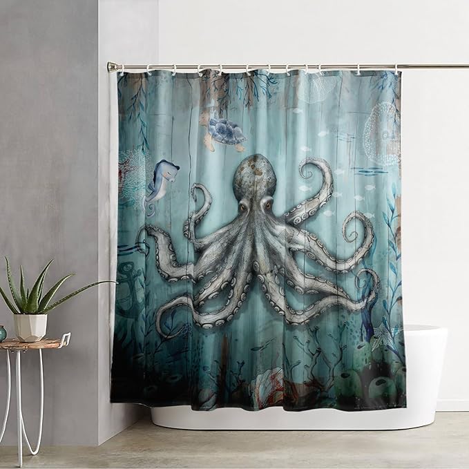 AILONEN 3D Ocean Octopus Shower Curtain Set for Bathroom,Sea Turtle Seahorse Animal Bath Curtain,Ocean Theme Waterproof Fabric Shower Curtain with Hooks,72" W*72" H