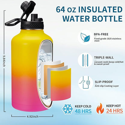 64 oz Insulated Water Bottle - with Straw, Spout Lids, Bottle Sleeve & Paracord Handle, Sports Gym Workout Metal Waterbottle Cold 48H, Hot 24H, Half Gallon Stainless Steel Water Jug Thermo Flask