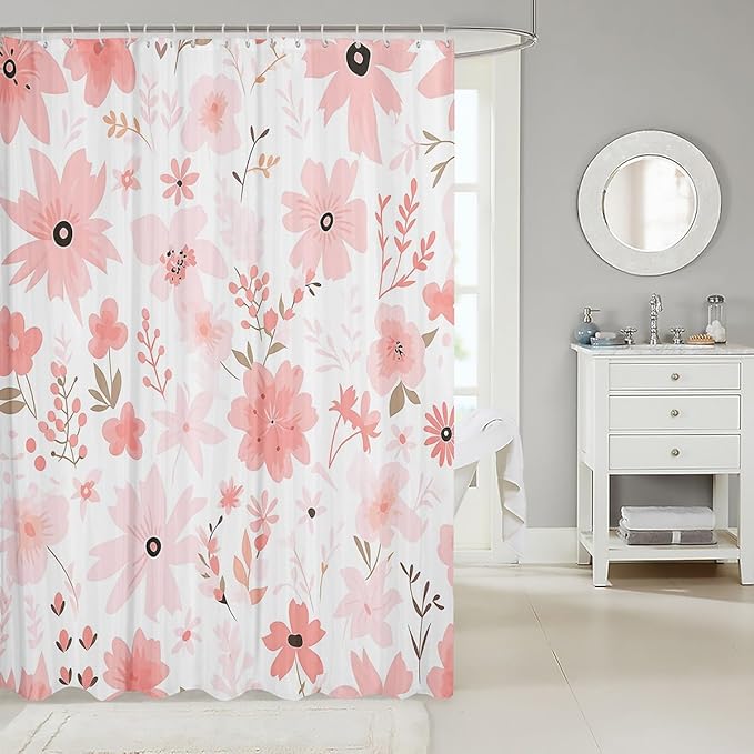 Feelyou Pink Flower Fabric Shower Curtain Floral Flower Shower Curtain for Boys Girls Flower Botanical Bathroom Waterproof Accessories with 12 Hooks Nature Plants Curtains,72x72 Inches