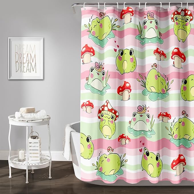 AILONEN Cute Frog Shower Curtain, Cartoon Mushroom Frog Printed Shower Curtain, 36" W*72" H Waterproof Green Wild Animals Kawaii Curtain with Grommets and 12 Hooks
