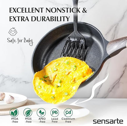 SENSARTE 2Pcs Nonstick Cookware Sets, 8 Inch & 9.5 Inch Nonstick Pots and Pans Set, Cooking Pan Set with Woodgrain Handle,Non Toxic Cookware for All Stove Tops, Healthy and Safe, Induction Compatible