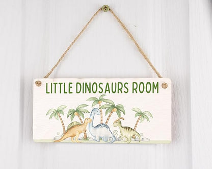 Dino Adventure Plywood Hanging Sign - Full Colour Kids Room Décor - Reads 'Little Dinosaurs Room' - Cute Dinosaur Theme Nursery & Door Sign, Silver