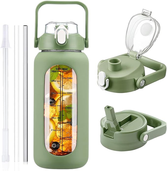 64 oz Glass Water Bottle with Straw and 2 Lids, Half Gallon Water Bottle with Sleeve, Large Insulated 2 Liter Glass Water Jug Time Marker with Handle - Olive