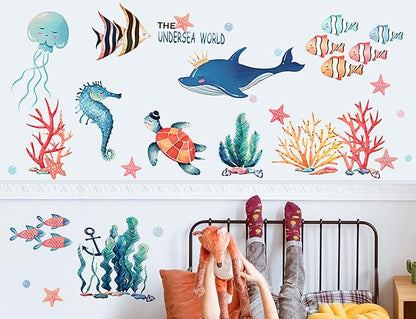 8 Sheets Under The Sea World Wall Decals Ocean Animals Wall Decals Removable DIY Ocean Fish Seahorse Coral Turtle Wall Decor for Kids Baby Bathroom Bedroom Living Room Playroom TV Wall Decor
