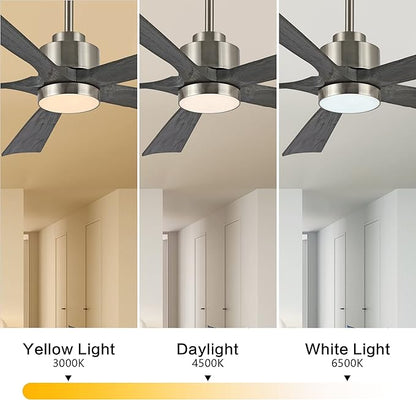 60" Modern Ceiling Fan with Lights and Remote Control, 5 Solid Wood Blades 6-Speed Noiseless Reversible DC Motor, Ceiling Fan for Bedroom Dinning Living Room, Nickel Finish with Wood Blades