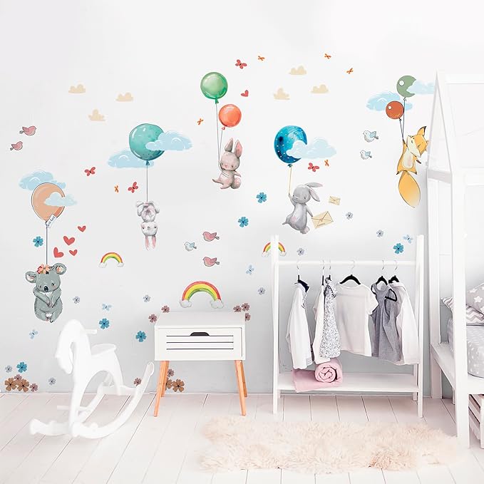 Hot Air Balloon Wall Decals for Kids by Lipastick – 87 pcs Cartoon Animals Wall Decals for Girls Boys Kids Baby - Animal Wall Stickers for Nursery Room Bedroom - Raccoon Fox Koala Panda M Size