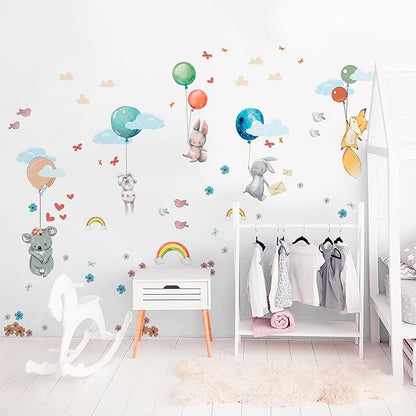 Hot Air Balloon Wall Decals for Kids by Lipastick –Cartoon Animals Wall Decals for Girls Boys Kids Baby - Animal Wall Stickers for Nursery Room Bedroom - Raccoon Fox Koala Panda S Size