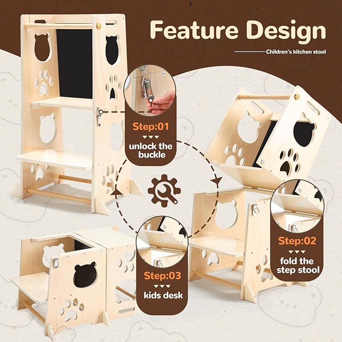 Collapsible Toddler Kitchen Step Stool With Chalkboard, Safety Rail, and Standing Tower for Kids 1-3