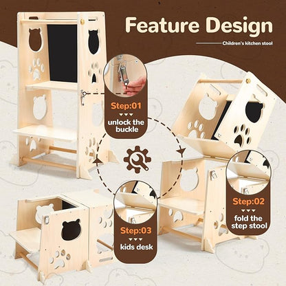 Collapsible Toddler Kitchen Step Stool With Chalkboard, Safety Rail, and Standing Tower for Kids 1-3
