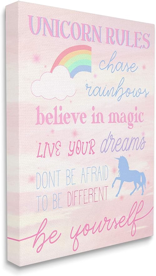 Stupell Industries Unicorn Rules Happiness Rainbow Pink Sky, Design by Daphne Polselli Canvas Wall Art, 24x30