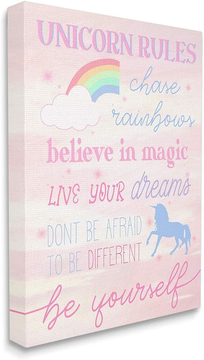 Stupell Industries Unicorn Rules Happiness Rainbow Pink Sky, Design by Daphne Polselli Canvas Wall Art, 24x30