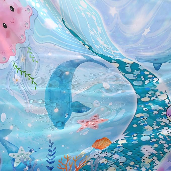AILONEN Mermaid Tail Shower Curtain Set, Beautiful Glitter Mermaid Tail Cloth Bath Curtain for Bathroom,Cute Whale Jellyfish Polyester Waterproof Shower Curtain with Hooks,36" Wx72 H
