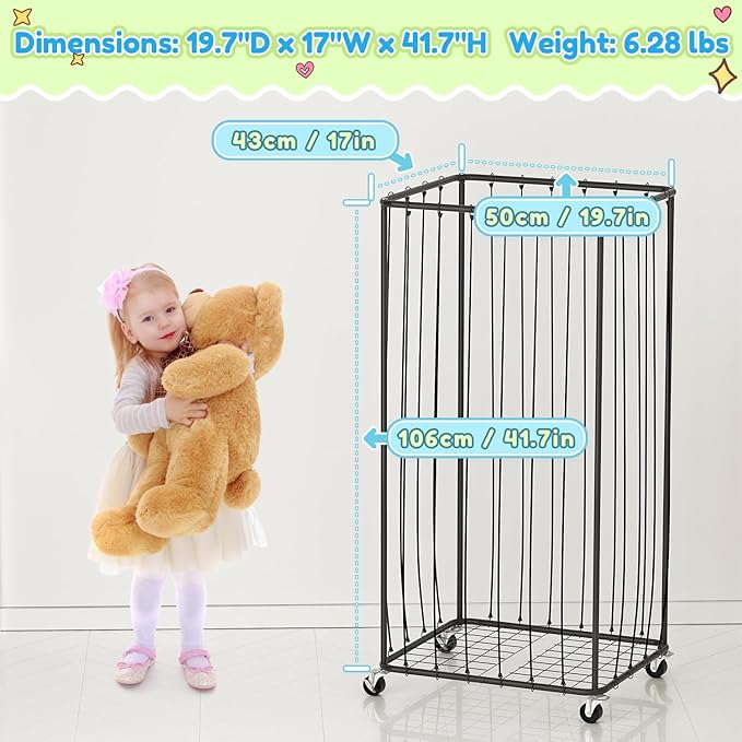 210L Stuffed Animal Organizer Plush Toy Storage Organizer Toy Storage Basket, Kids Toy Storage Bins with Wheels, Metal Frame and Elastic Cord Design, Suitable for Storage of Any Stuff