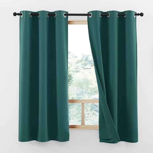 NICETOWN 100% Blackout Curtains with Same Color Liners, Solid Thermal Insulated Full Blackout Lined Drapes, Energy Efficiency Window Draperies for Bedroom (Emerald Green, 2 Panels, 42" W by 63" L)