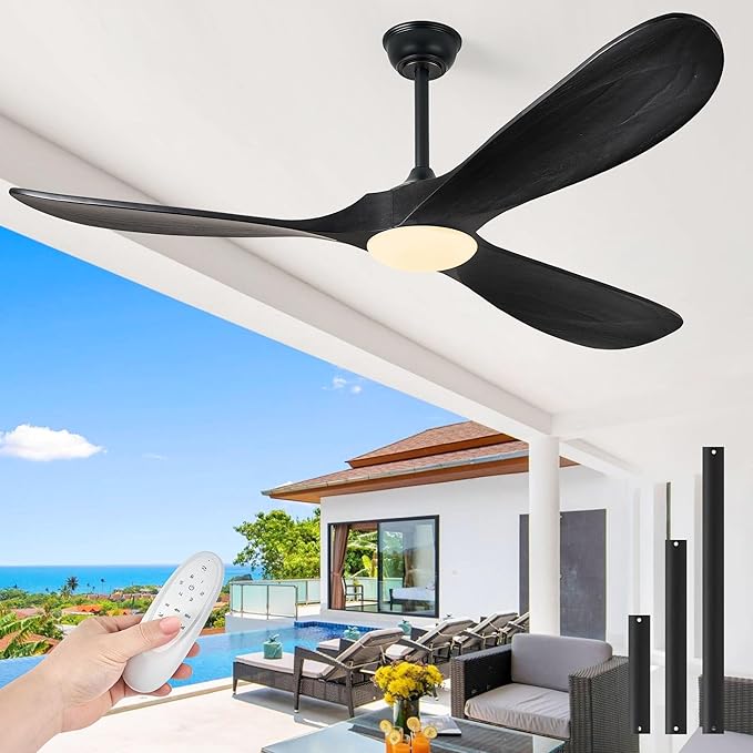 52 Inch Ceiling Fans with Lights and Remote Control, Wood Outdoor Ceiling Fan with Light 3 Blade Modern Black Ceiling Fans Propeller for Patios Porch Garage, ETL Listed DC Motor, Matte Black