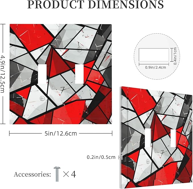 Red Gray Black White Geometric Double Toggle Light Switch Covers 2 Gang Wall Plate Dual Decorative Switchplate Electrical Faceplate for Bathroom Country Kitchen Bedroom Decor, 4.9" x 5"