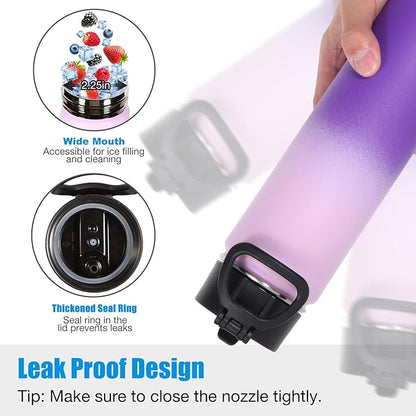 Volhoply 24oz Insulated Water Bottle With Straw Bulk 3 Pack,Metal Wide Mouth Water Bottles With Handle Keep Cold,Reusable Double Wall Thermos,Powder Coated Sport Bottle For Holder(Purple,3 Count)