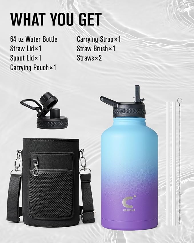 64oz Insulated Water Bottle, Coolplus Half Gallon Water Jug With Straw Stainless Steel Double-Walled Vacuum Metal Large Flask With Carry Sleeve Bpa-Free Leakproof, Keep Cold 48 Hrs, Blue Purple